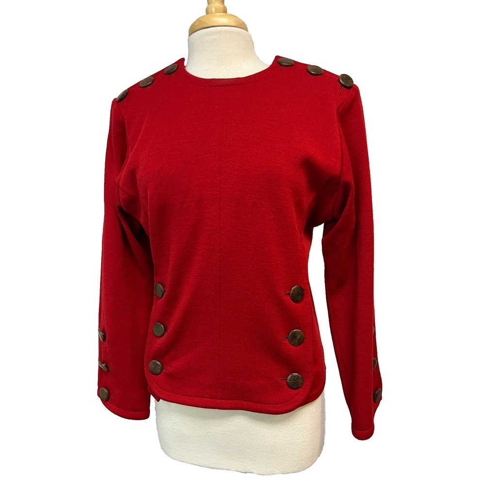 Vintage‎ Yves Saint Laurent Top Red Wool Wood Button Accents Long Sleeve SZ 36